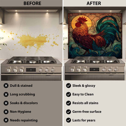Before and after comparison of a stove with a decorative backsplash.