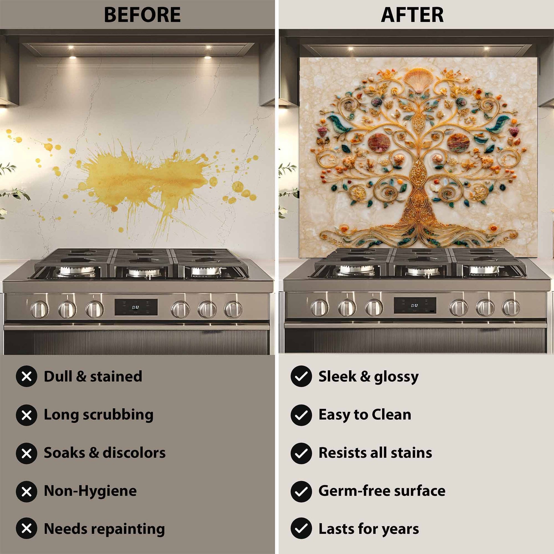 Before and after comparison of a kitchen stove with a decorative glass backsplash.