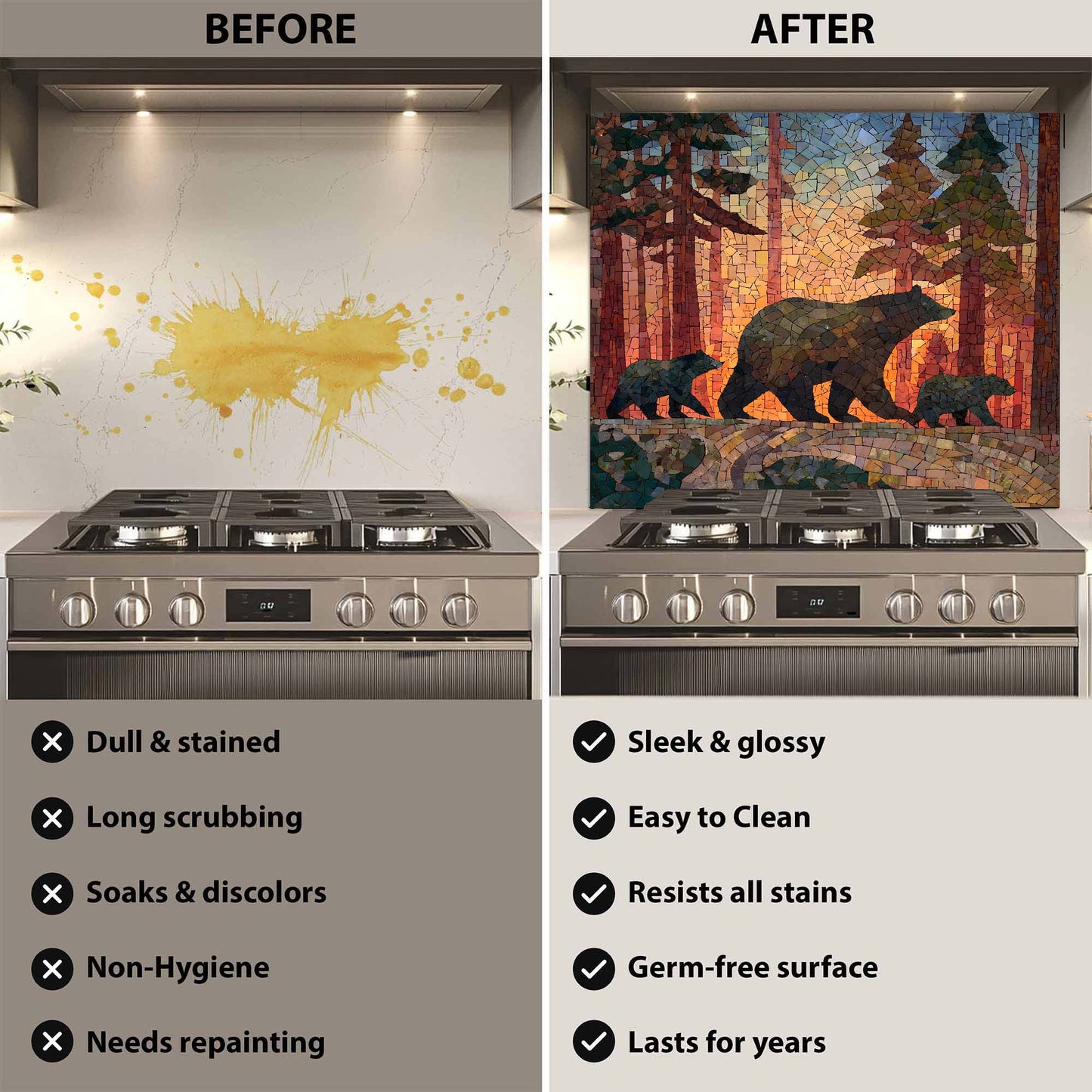 Before and after comparison of a stove with a decorative backsplash