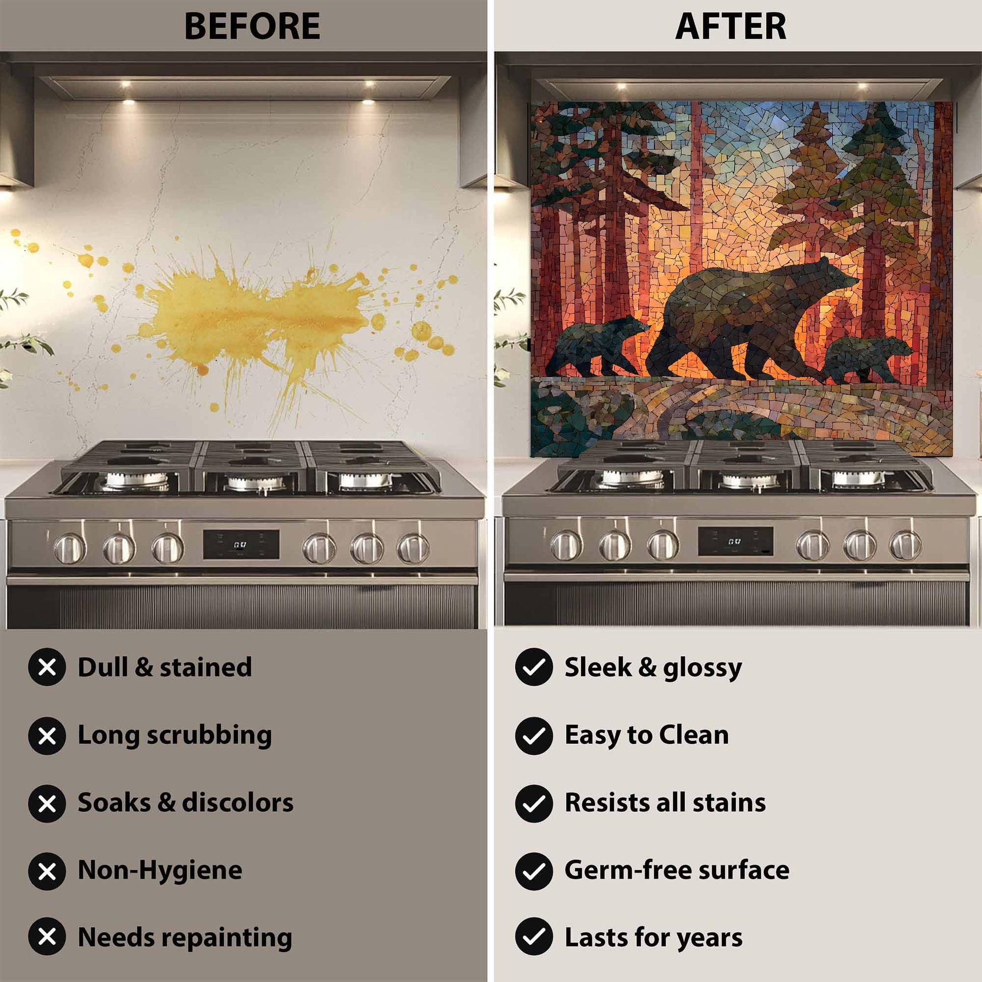 Before and after comparison of a stove with a decorative backsplash
