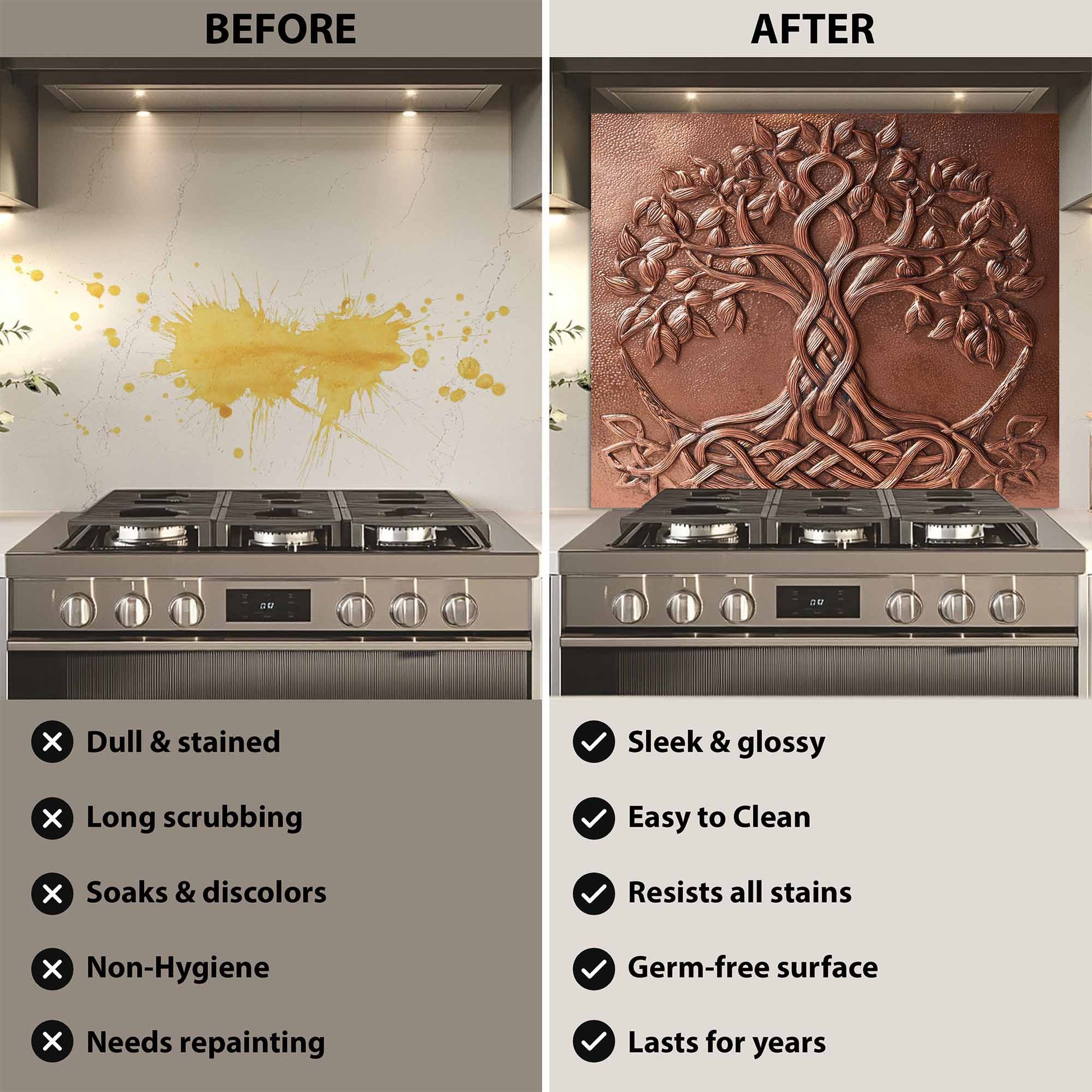 Before and after comparison of a kitchen stove with a decorative backsplash.