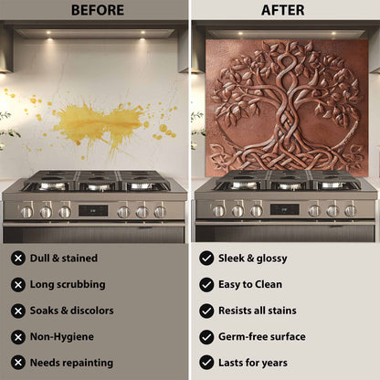Before and after comparison of a kitchen stove with a decorative backsplash.