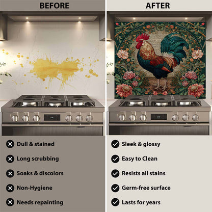 Before and after comparison of a kitchen stove with a decorative glass backsplash