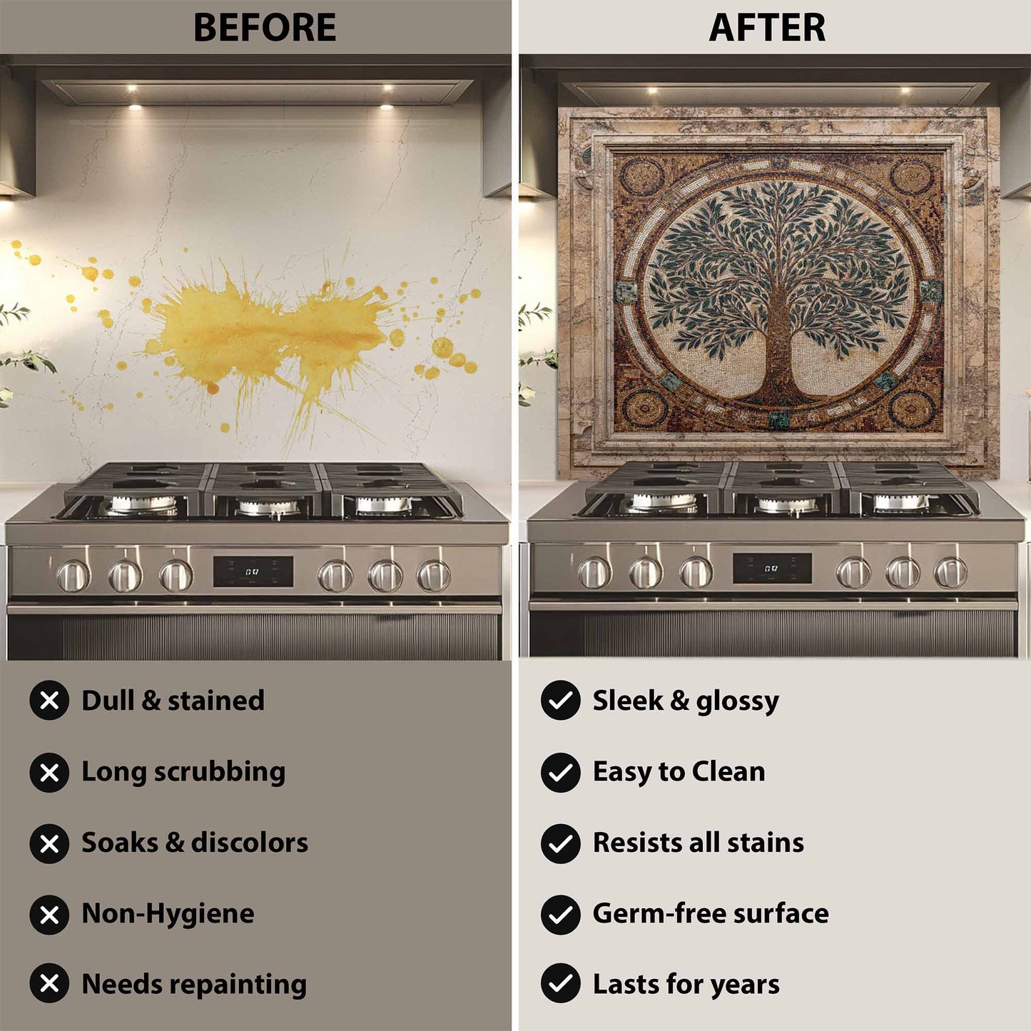 Before and after comparison of a stove with a decorative backsplash.
