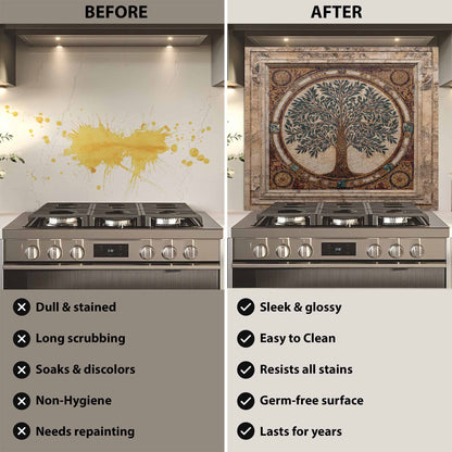 Before and after comparison of a stove with a decorative backsplash.