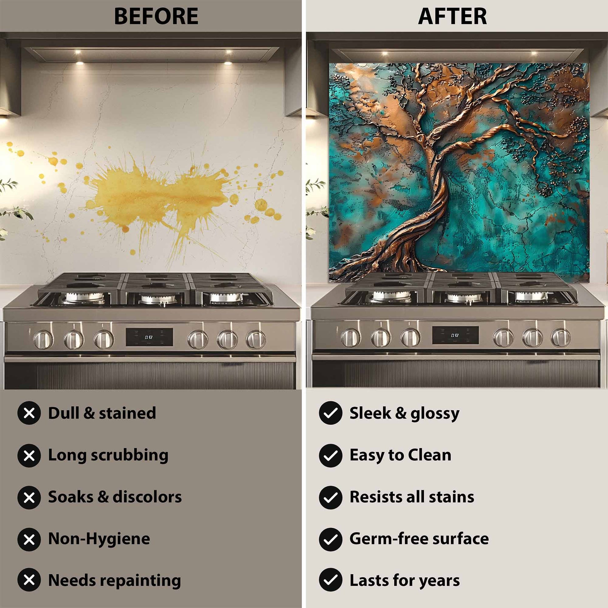 Before and after comparison of a kitchen stove with a decorative backsplash for kitchen.