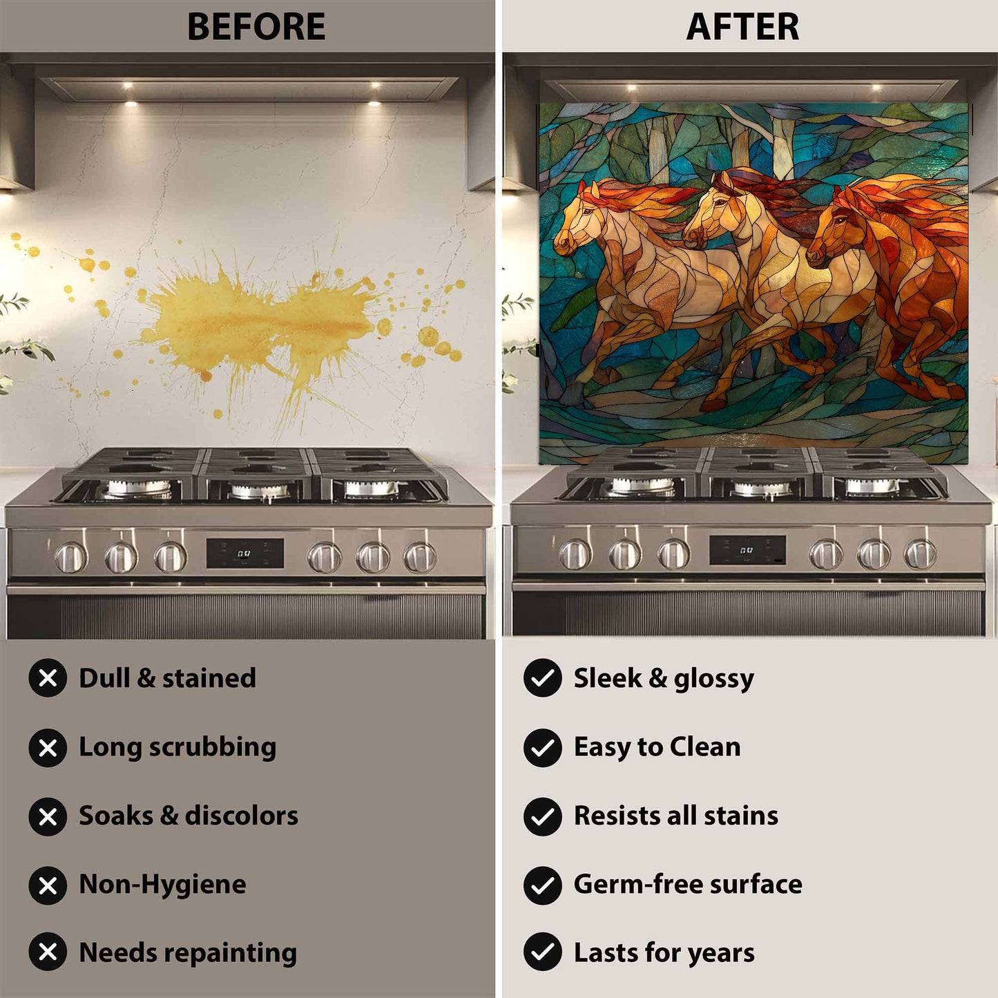 Three running horses in a stained glass forest design on tempered glass backsplash, creating a bold, elegant kitchen focal point.