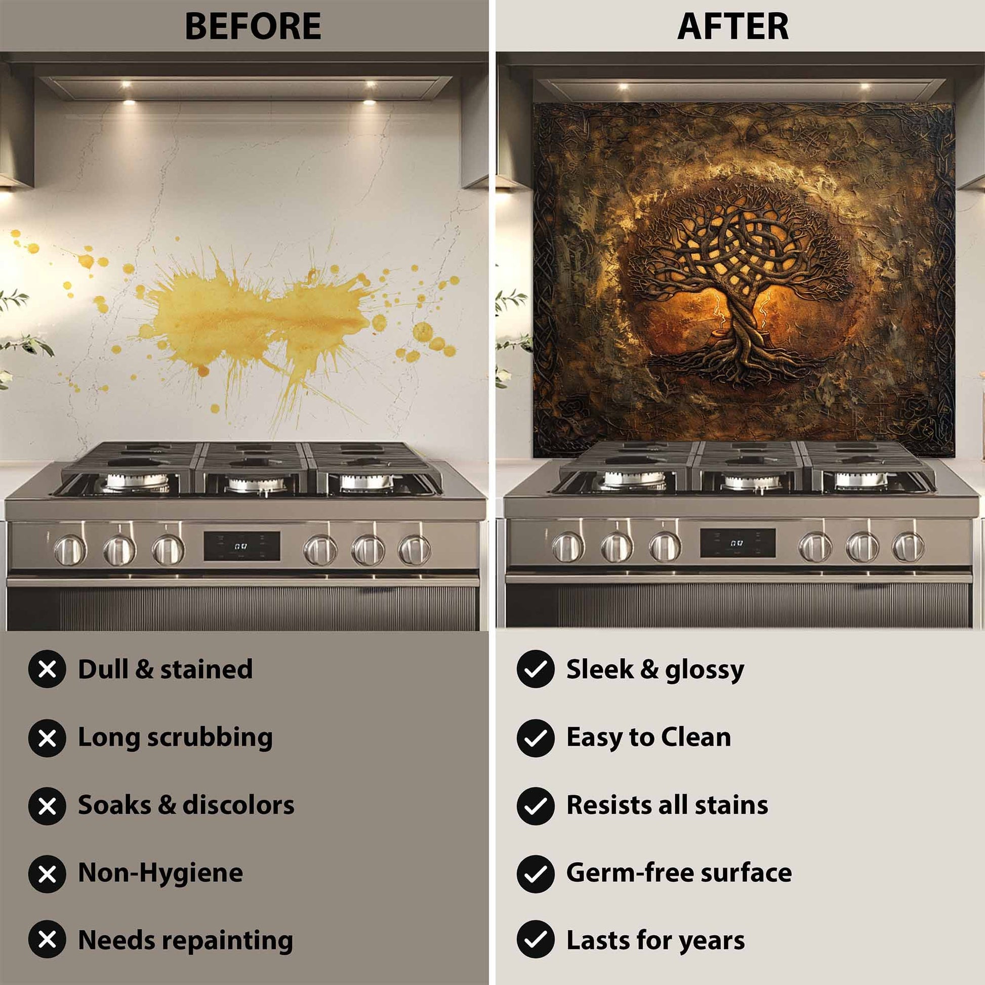 Before and after comparison of a kitchen stove with a decorative backsplash.