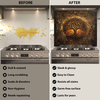 Before and after comparison of a kitchen stove with a decorative backsplash.