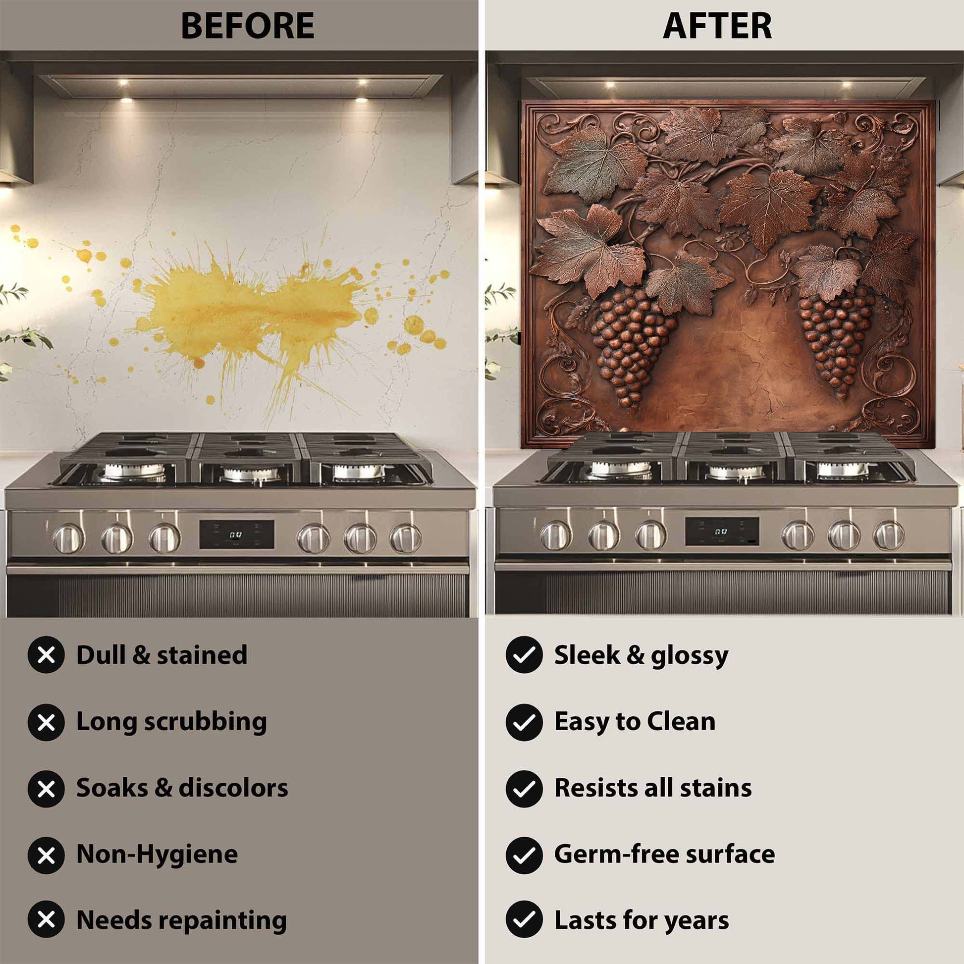 Before and after comparison of a stove with a decorative backsplash.