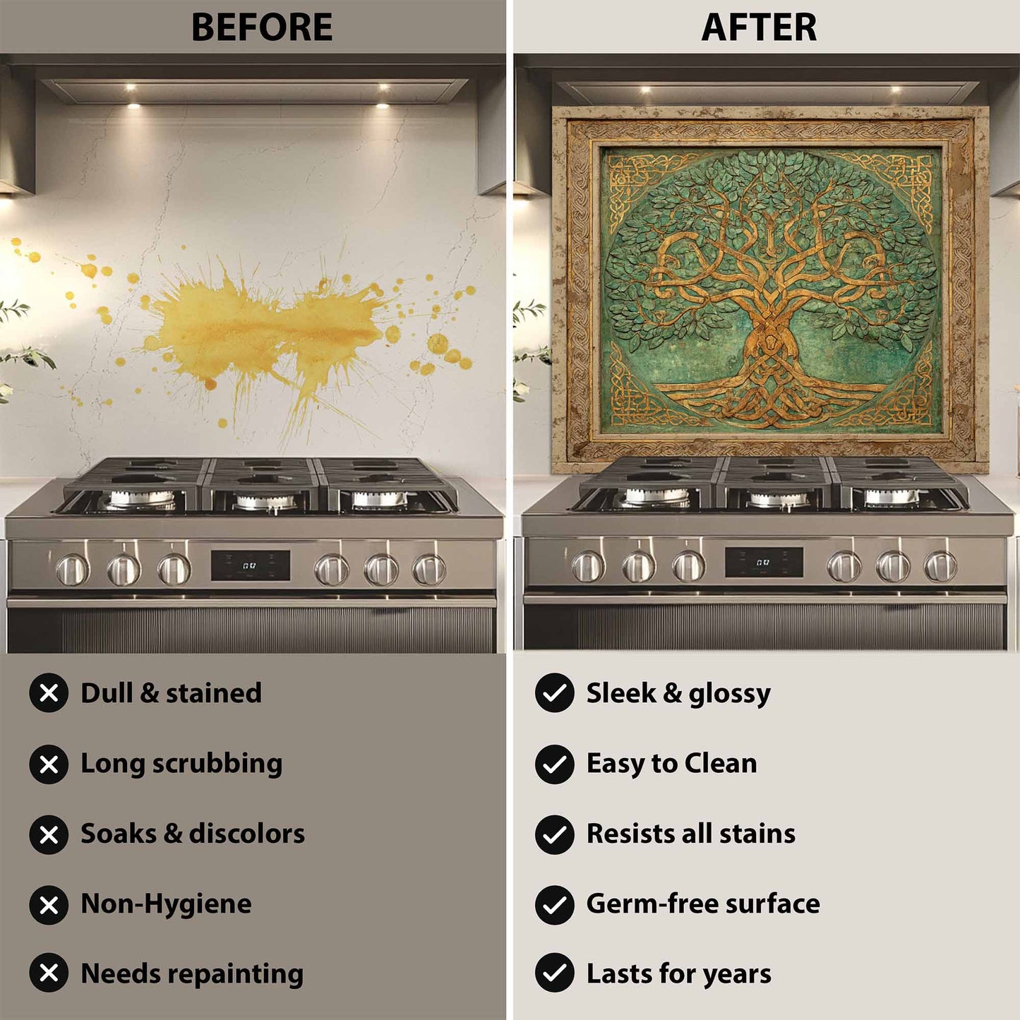 Before and after comparison of a kitchen stove with decorative backsplash.