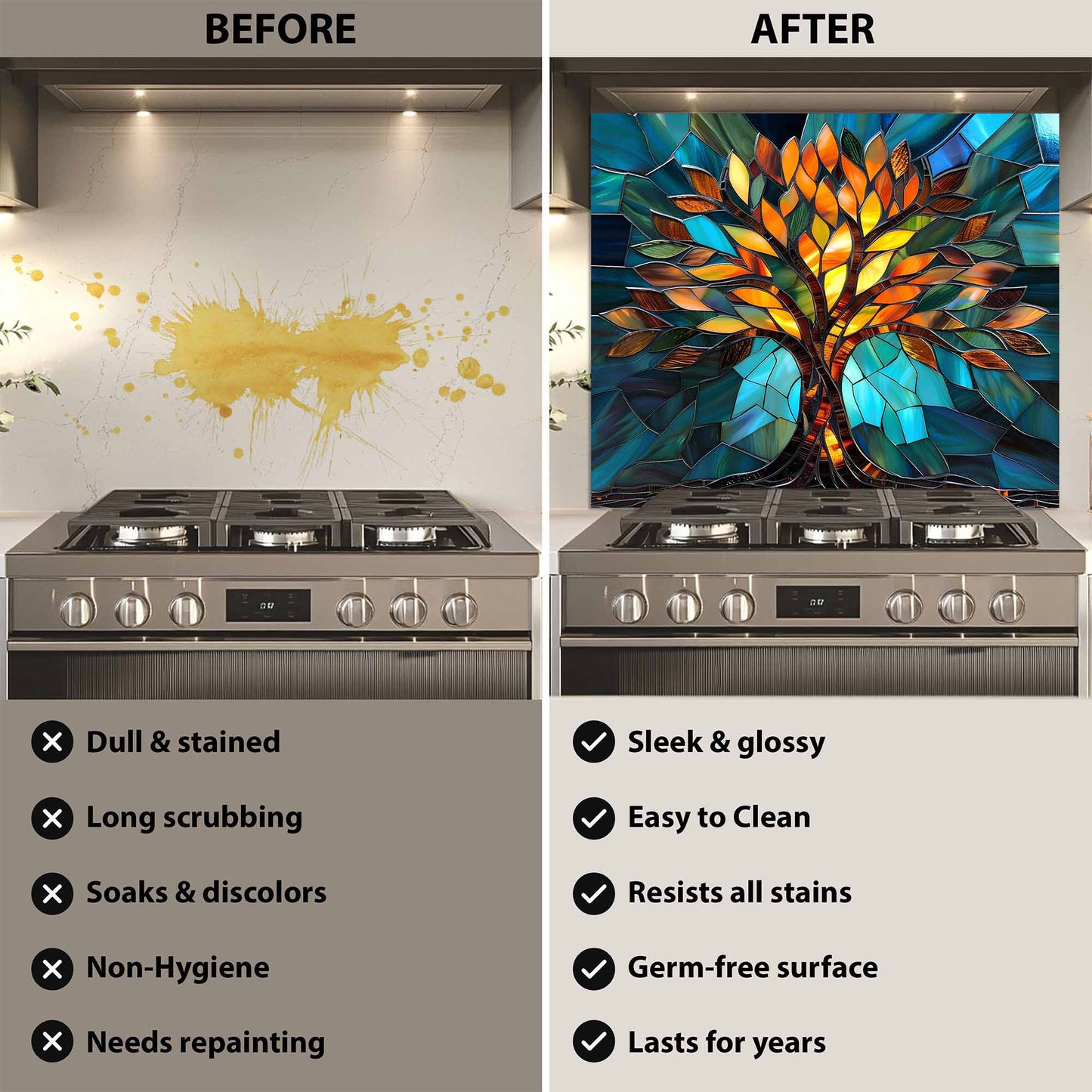 Before and after comparison of a kitchen stove with a decorative backsplash.