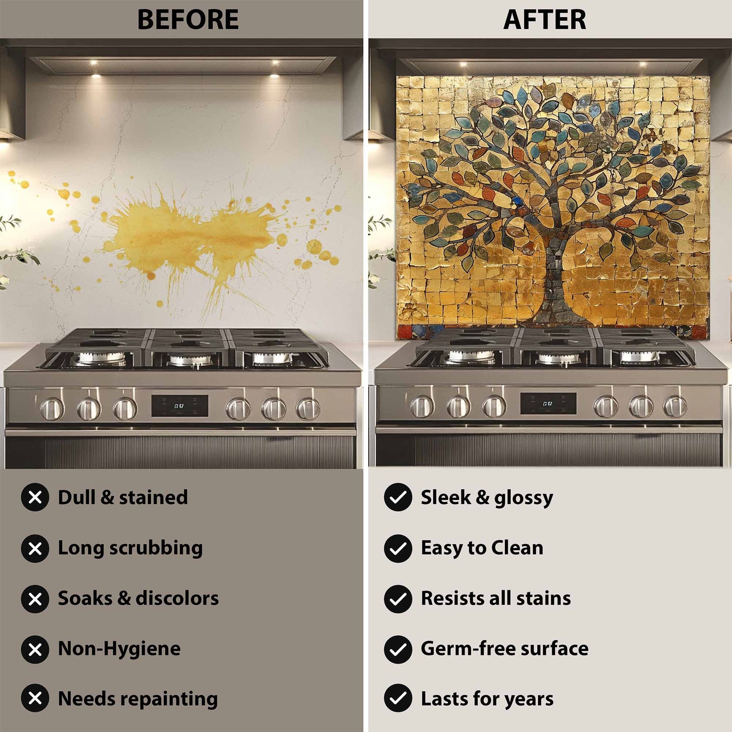 Before and after comparison of a kitchen stove with a decorative backsplash.