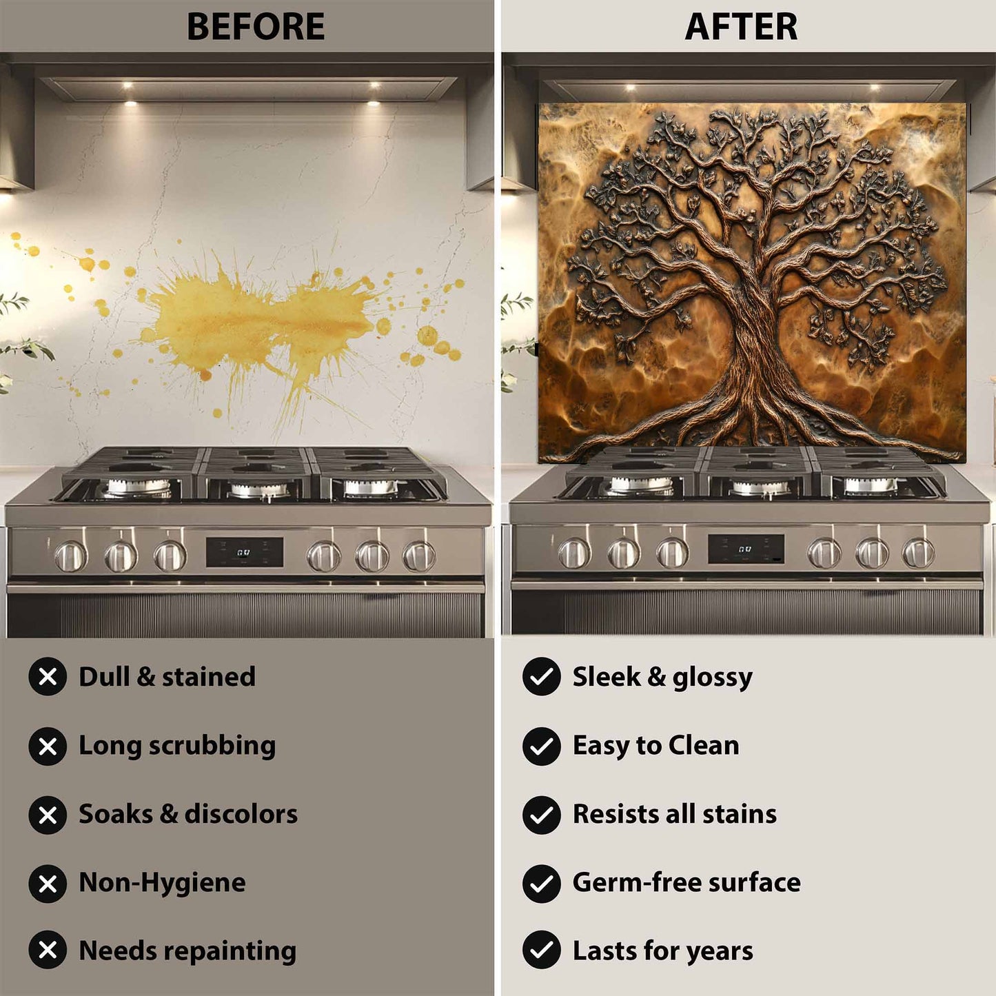 Before and after comparison of a kitchen stove with a decorative glass backsplash