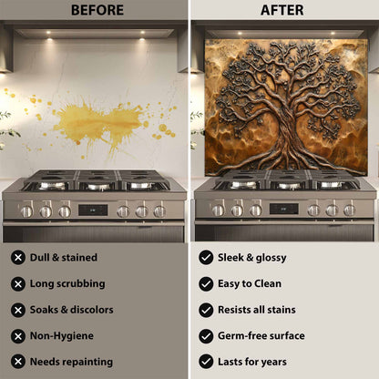 Before and after comparison of a kitchen stove with a decorative glass backsplash