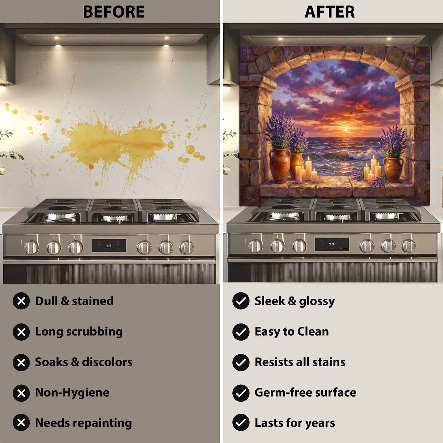 Before and after comparison of a kitchen stove with a decorative glass backsplash.
