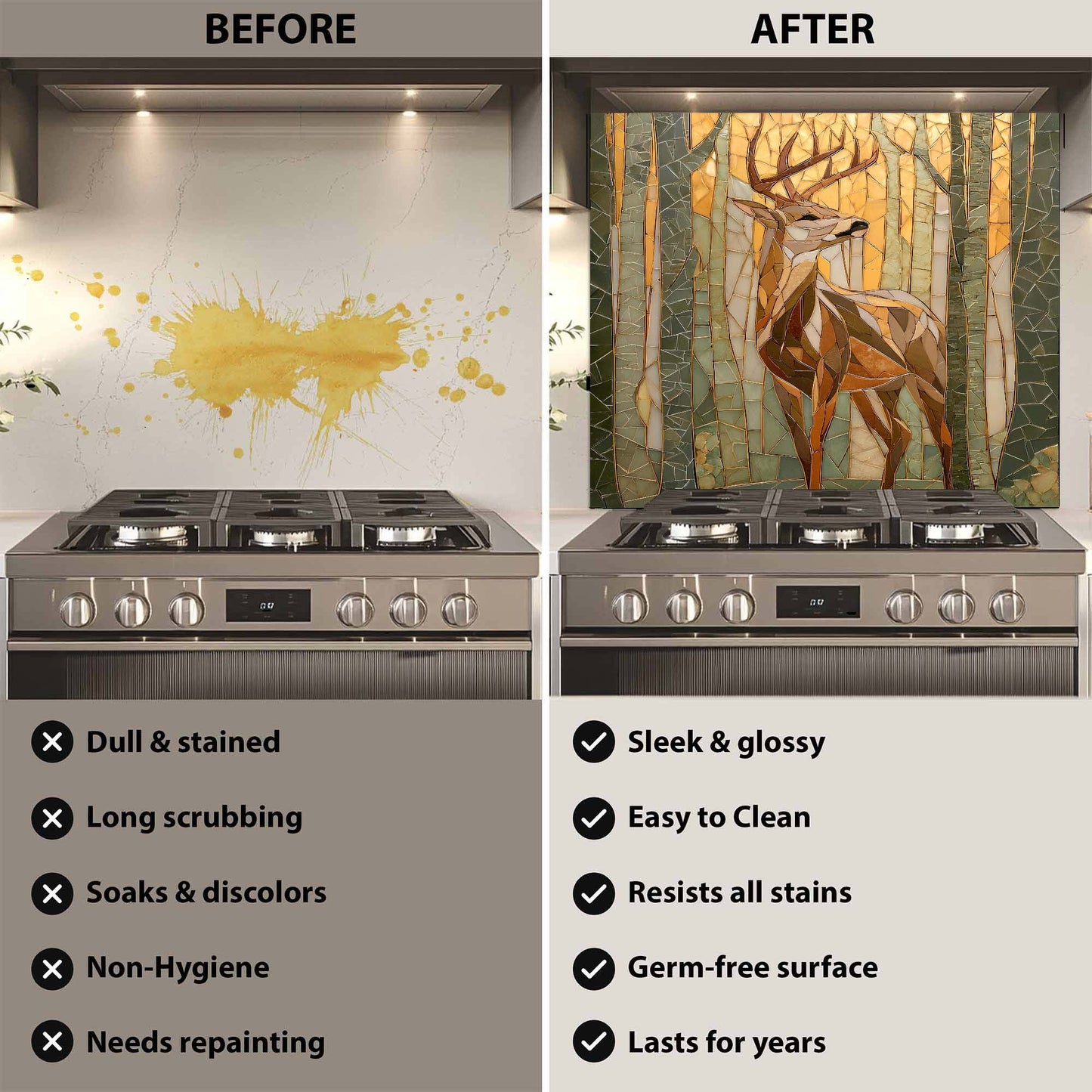 Before and after comparison of a stove with a decorative backsplash.