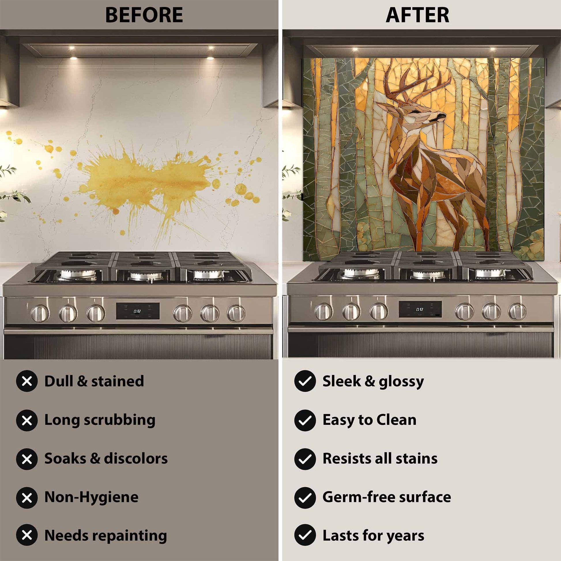 Before and after comparison of a stove with a decorative backsplash.