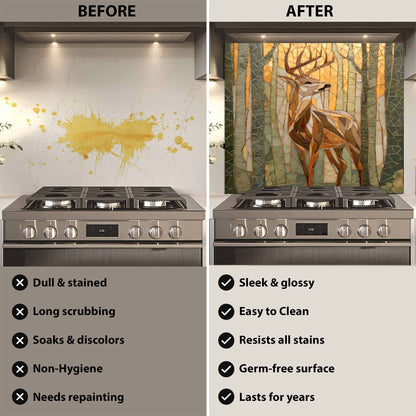 Before and after comparison of a stove with a decorative backsplash.