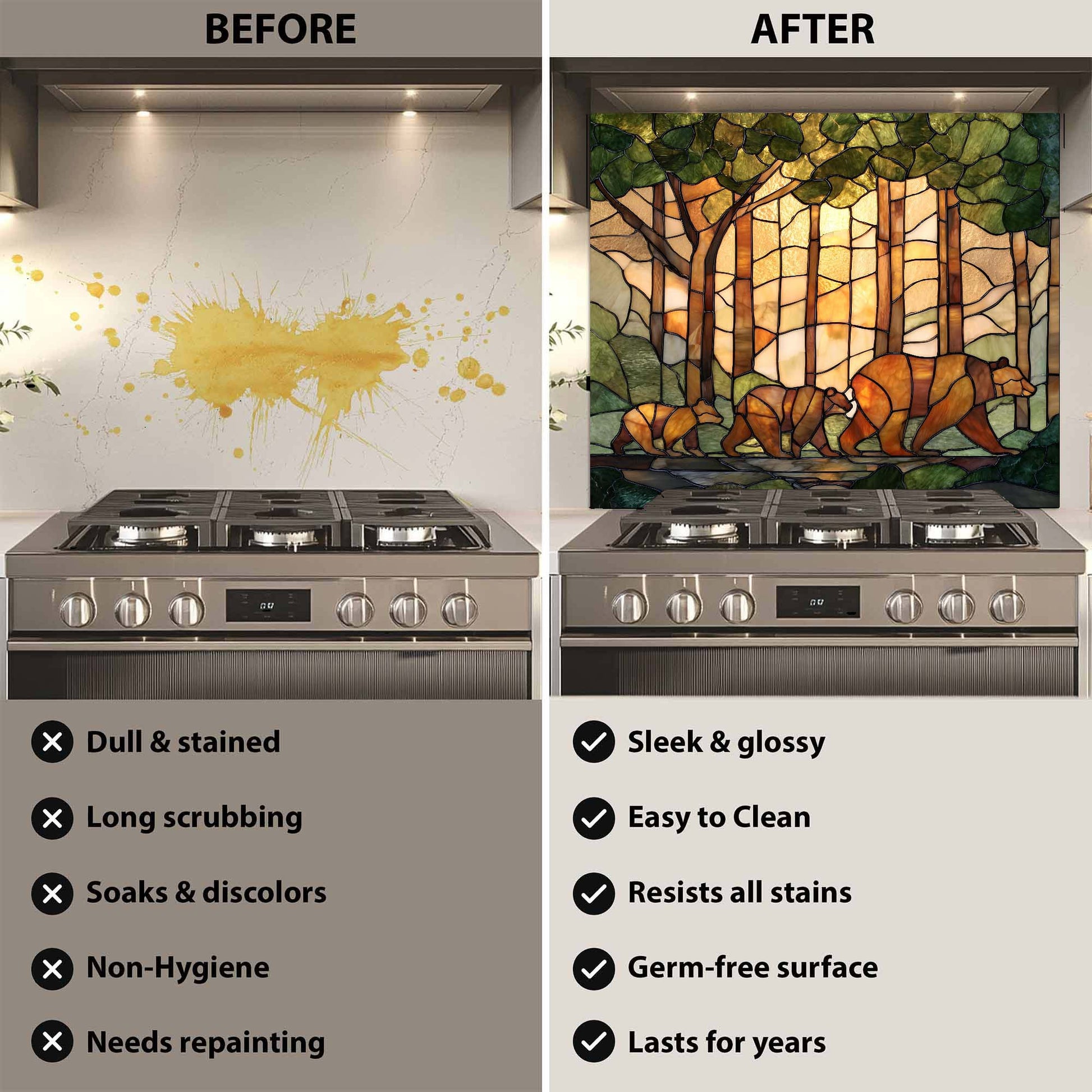 Before and after comparison of a stove with a stained glass backsplash featuring bears.