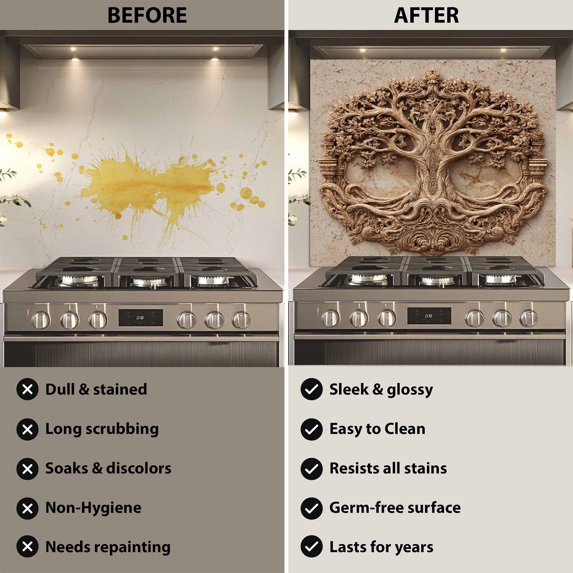 Before and after comparison of a kitchen stove with a decorative backsplash.