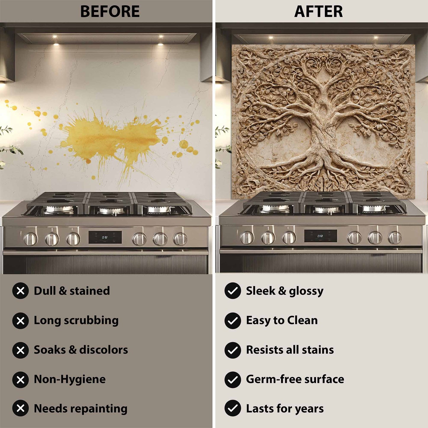 Before and after comparison of a kitchen stove with a decorative backsplash.