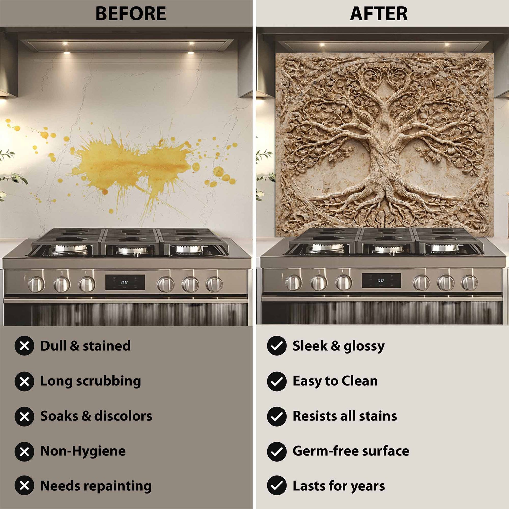 Before and after comparison of a kitchen stove with a decorative backsplash.