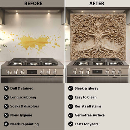 Before and after comparison of a kitchen stove with a decorative backsplash.