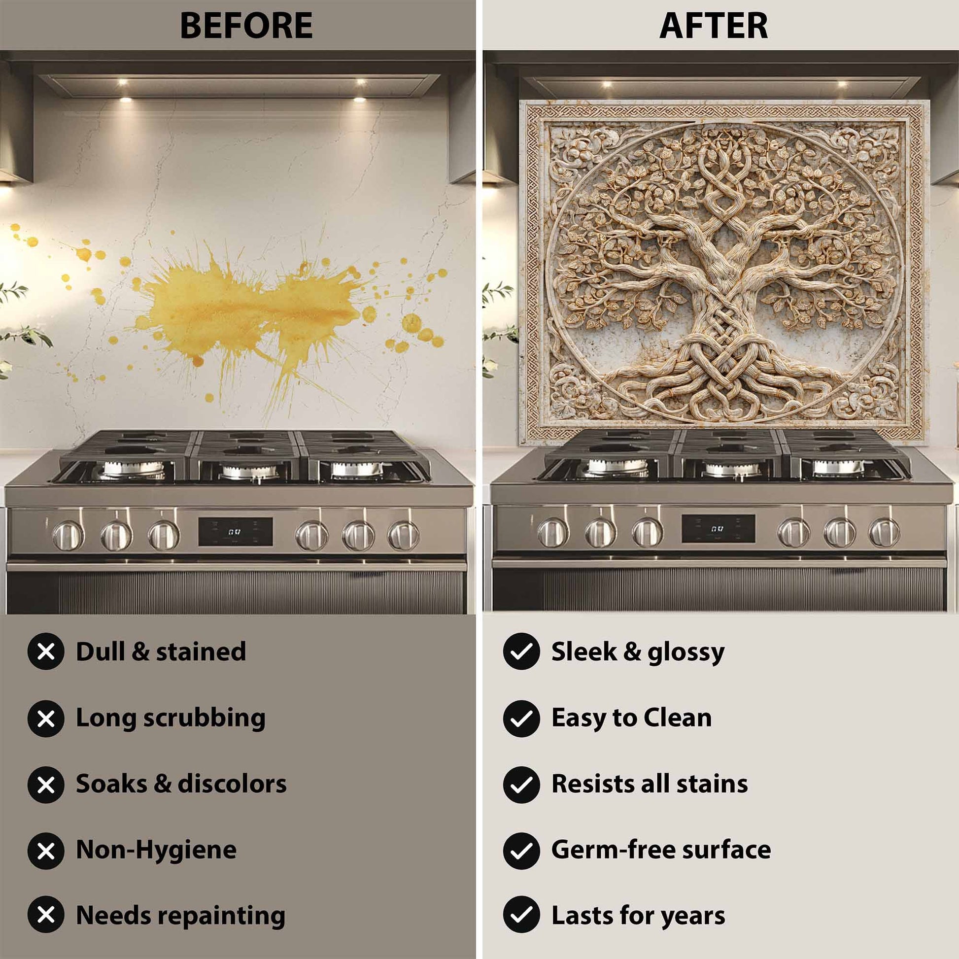 Before and after comparison of a kitchen stove with a decorative backsplash.