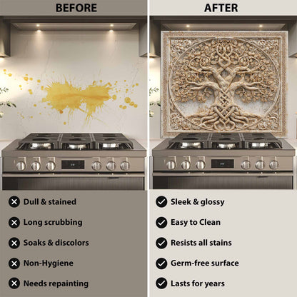 Before and after comparison of a kitchen stove with a decorative backsplash.