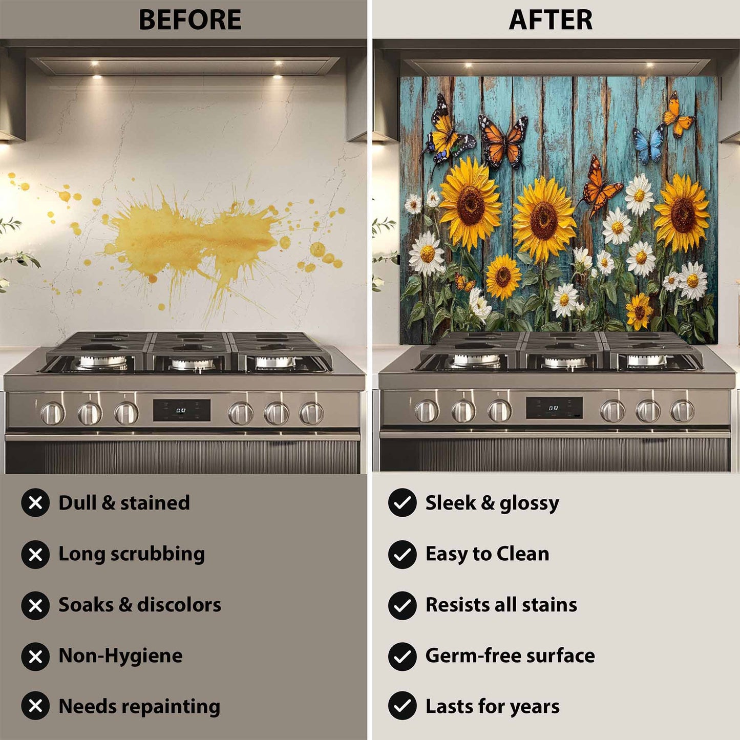 Kitchen with a decorative glass backsplash featuring sunflowers and butterflies.