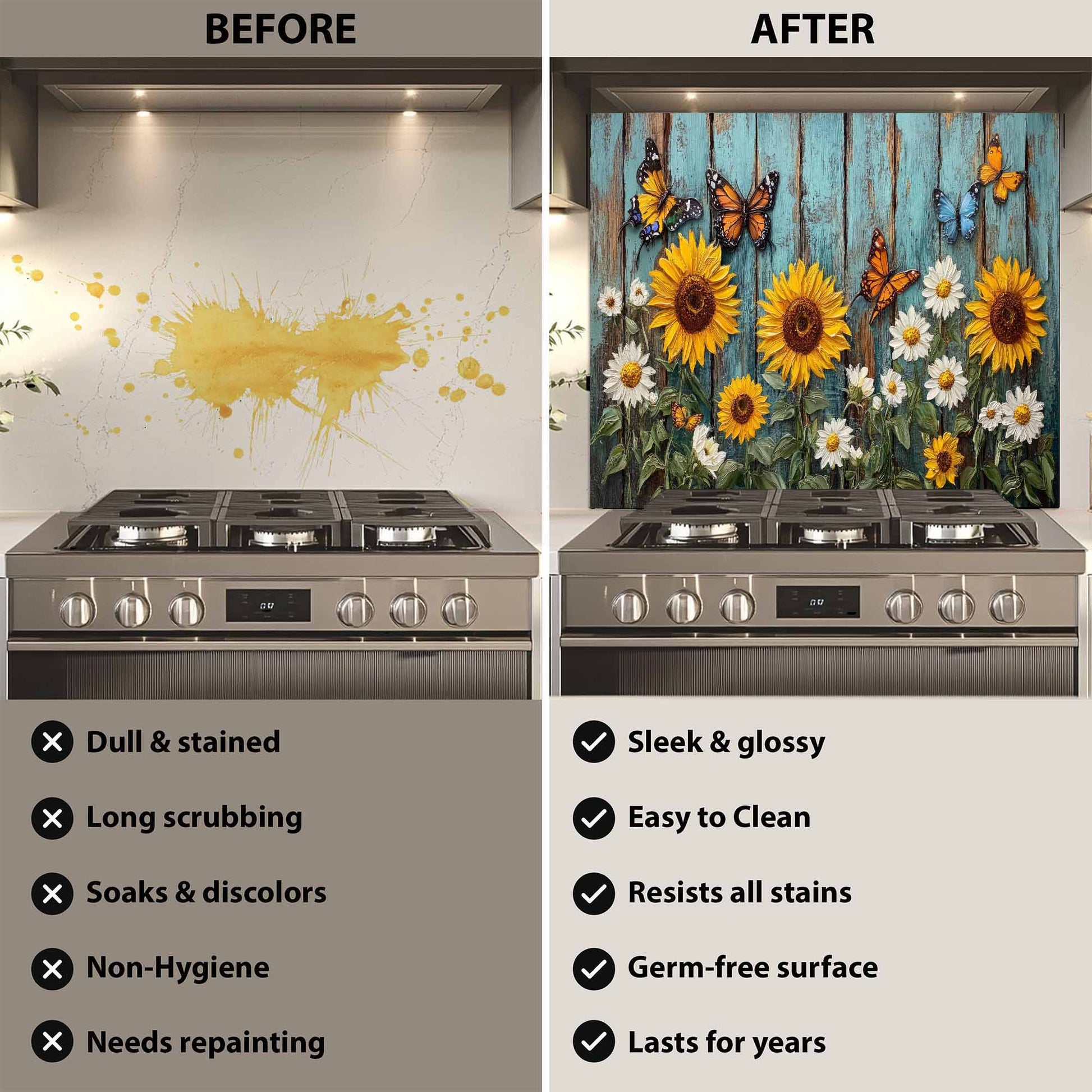 Kitchen with a decorative glass backsplash featuring sunflowers and butterflies.