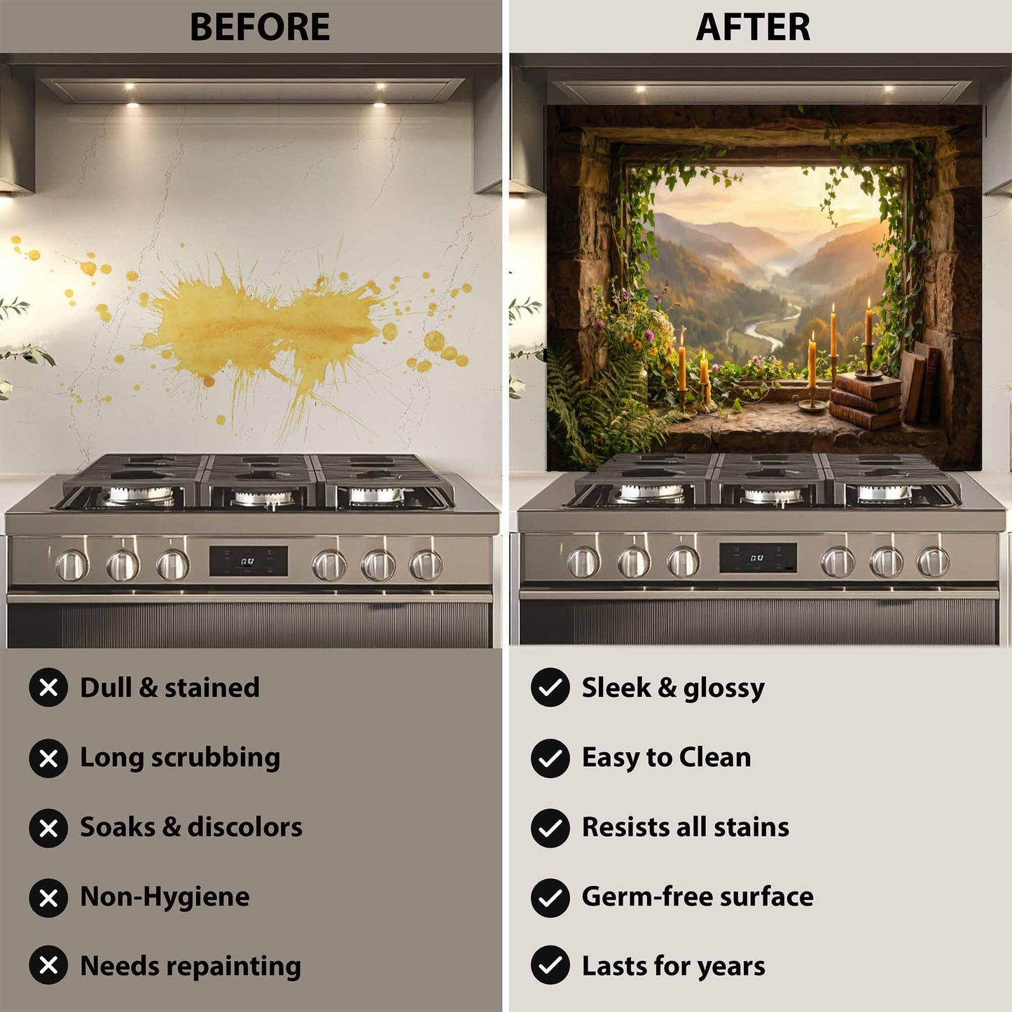 Before and after comparison of a kitchen stove with a decorative glass backsplash.