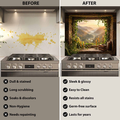 Before and after comparison of a kitchen stove with a decorative glass backsplash.