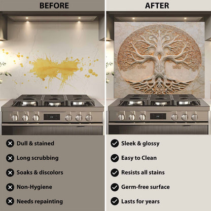 Before and after comparison of a kitchen stove with a decorative backsplash.