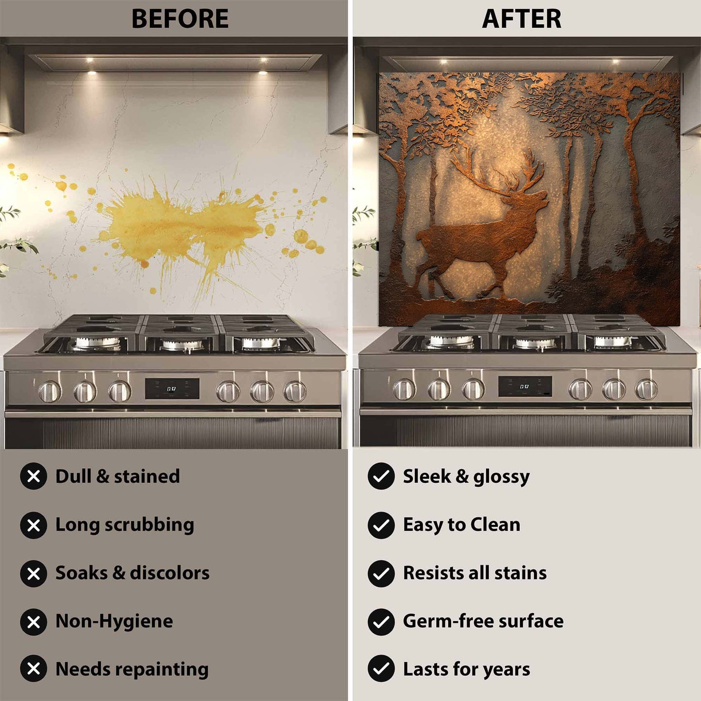 Before and after comparison of a stove with a decorative glass backsplash featuring a deer in a forest.