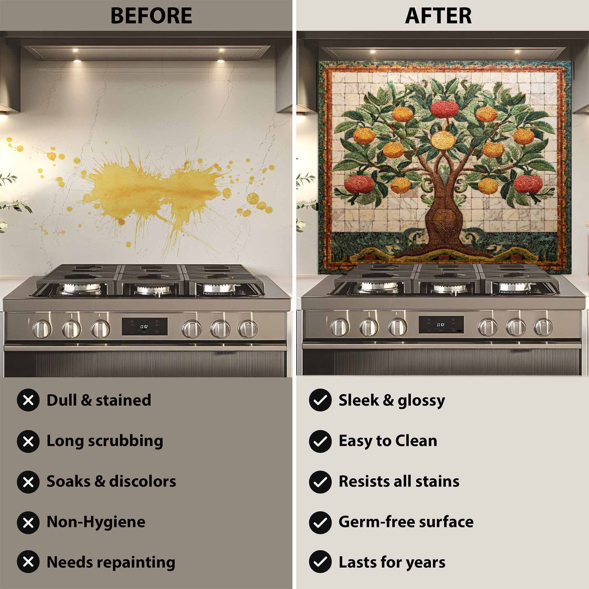 Before and after comparison of a stove with a decorative backsplash.