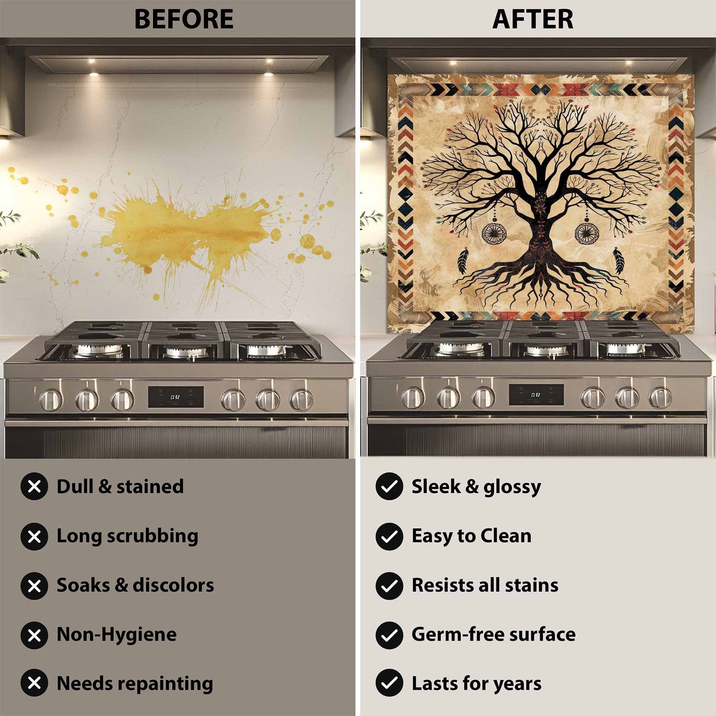 Before and after comparison of a kitchen stove with a decorative backsplash.