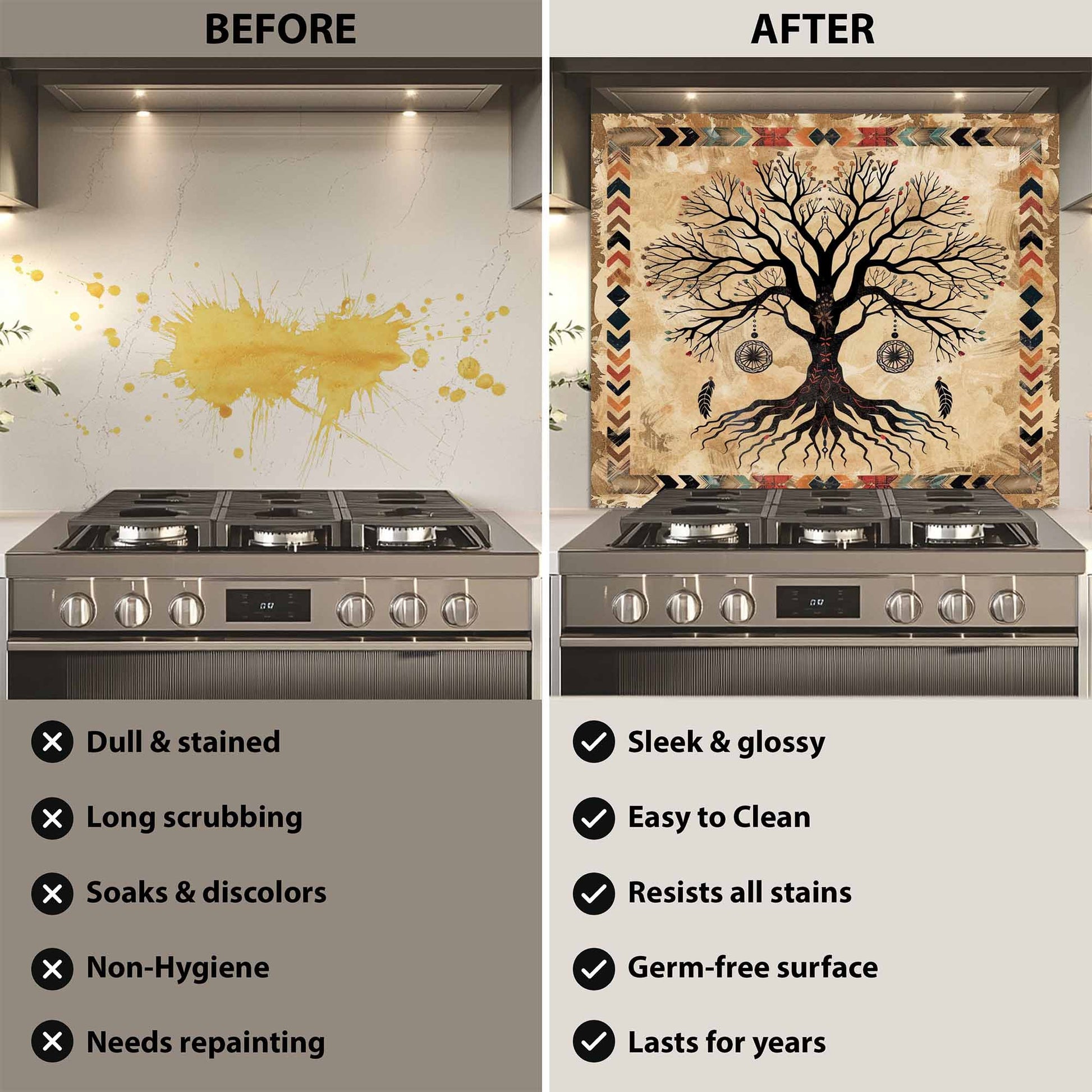 Before and after comparison of a kitchen stove with a decorative backsplash.