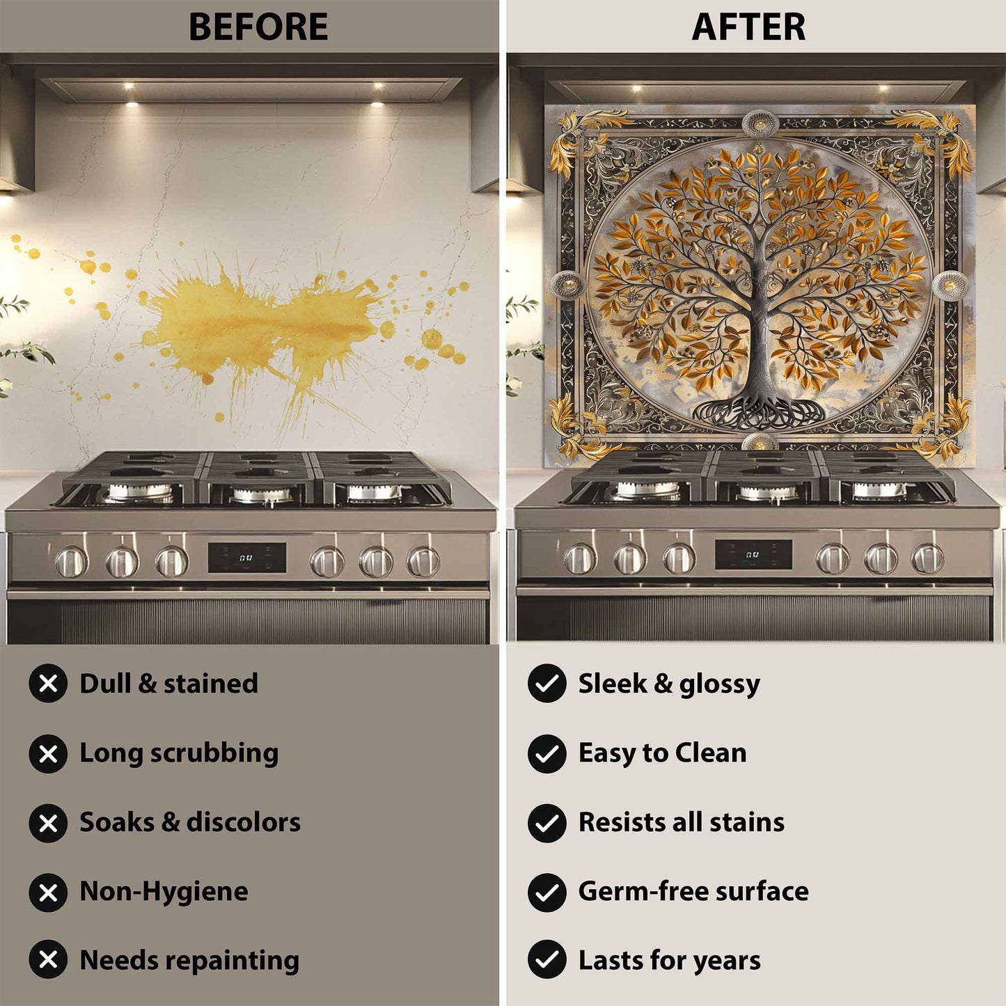 Before and after comparison of a kitchen stove with a decorative backsplash.