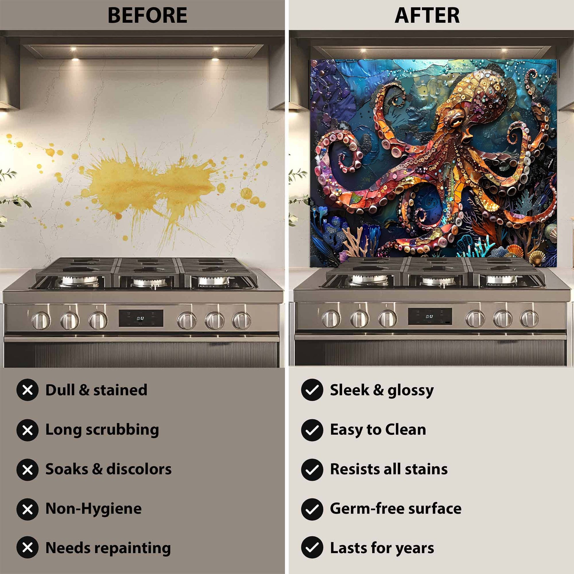 Before and after comparison of a kitchen stove with a decorative backsplash.
