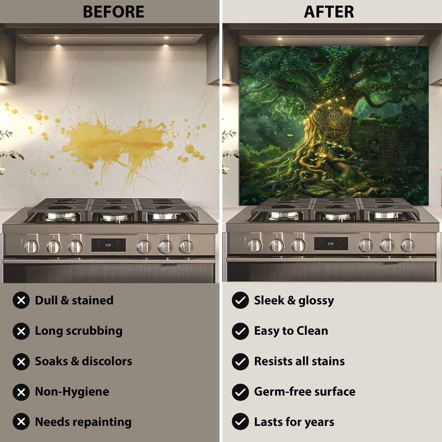 Before and after comparison of a kitchen stove with a decorative backsplash.