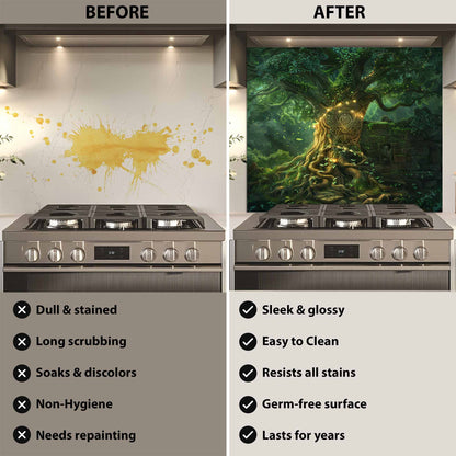 Before and after comparison of a kitchen stove with a decorative backsplash.