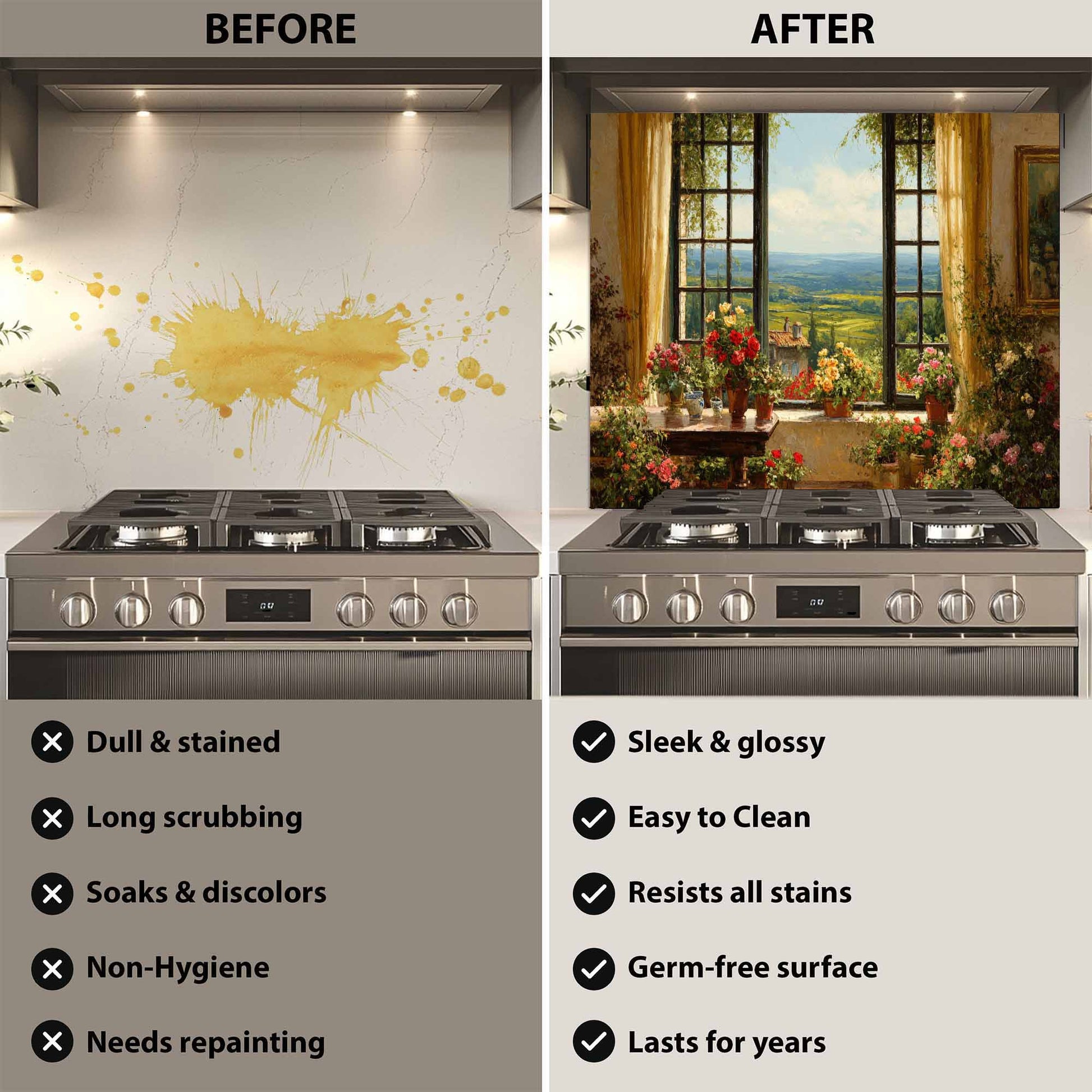 Before and after comparison of a kitchen stove with a decorative glass backsplash.