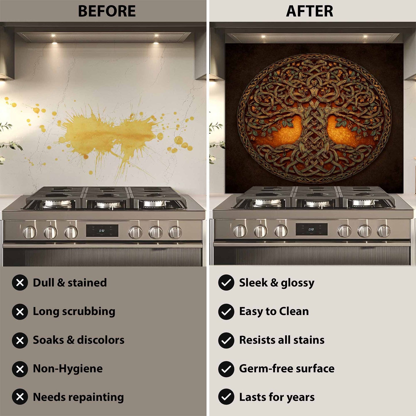 Before and after comparison of a kitchen stove with a decorative backsplash.