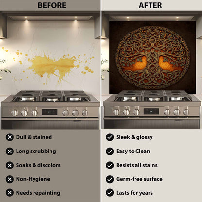 Before and after comparison of a kitchen stove with a decorative backsplash.