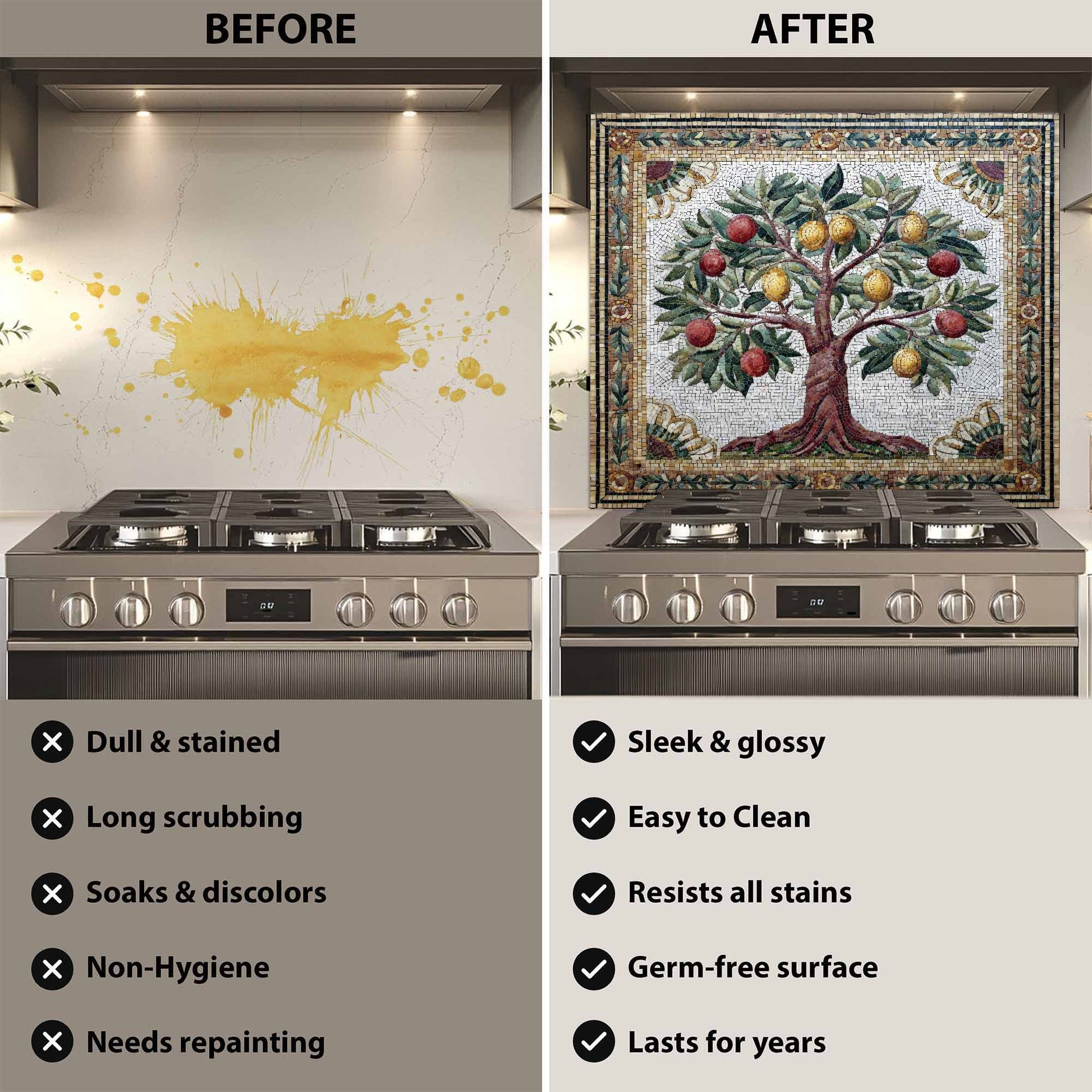 Before and after comparison of a kitchen stove with a decorative glass backsplash.