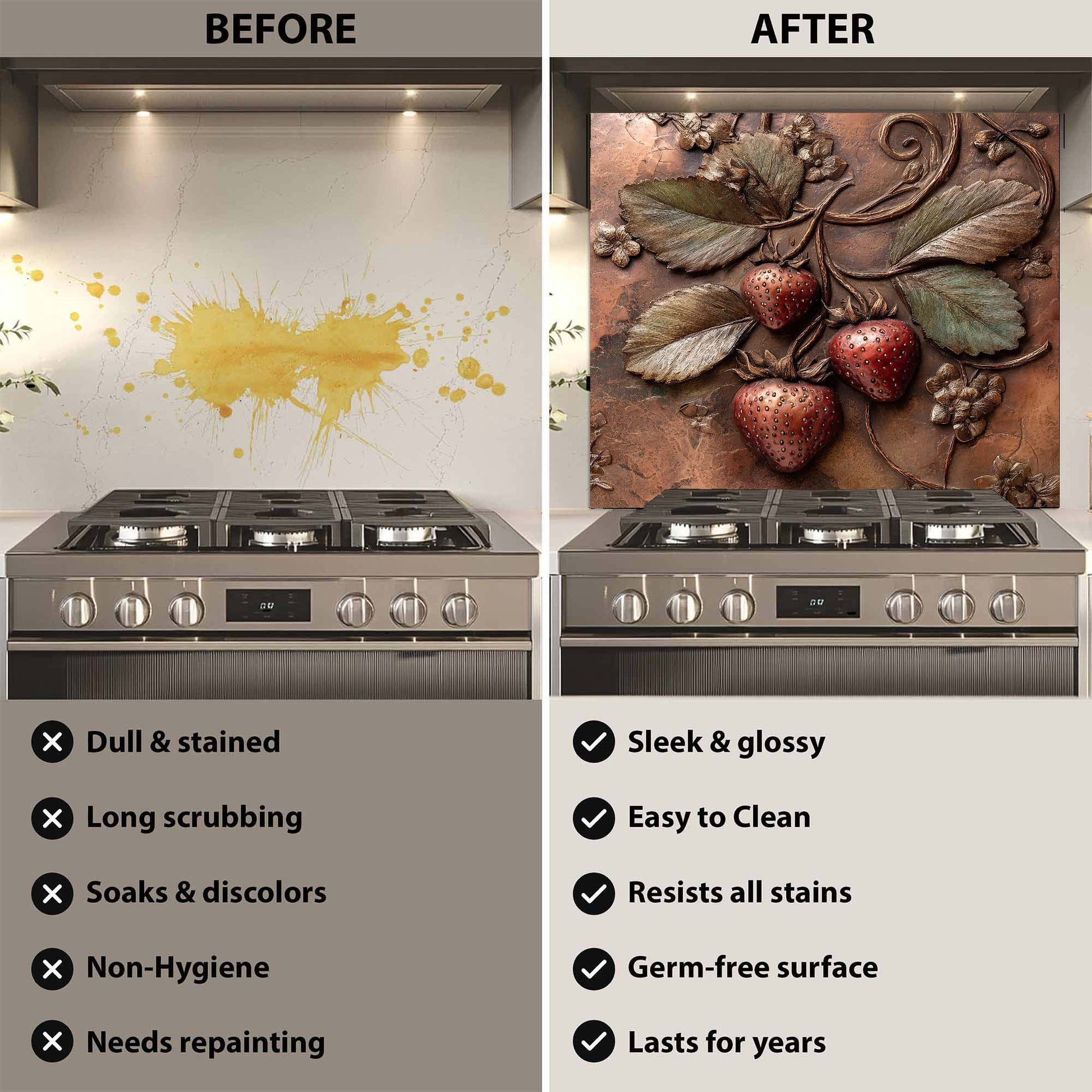 Before and after comparison of a stove with a decorative backsplash.
