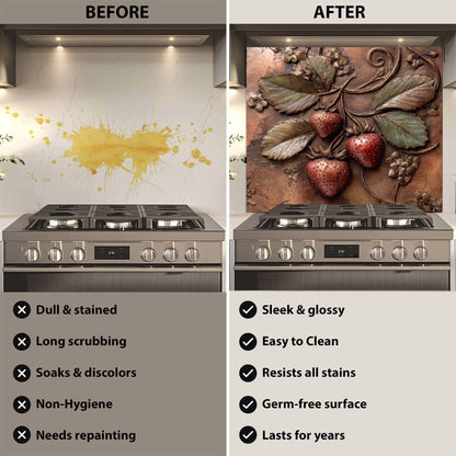 Before and after comparison of a stove with a decorative backsplash.