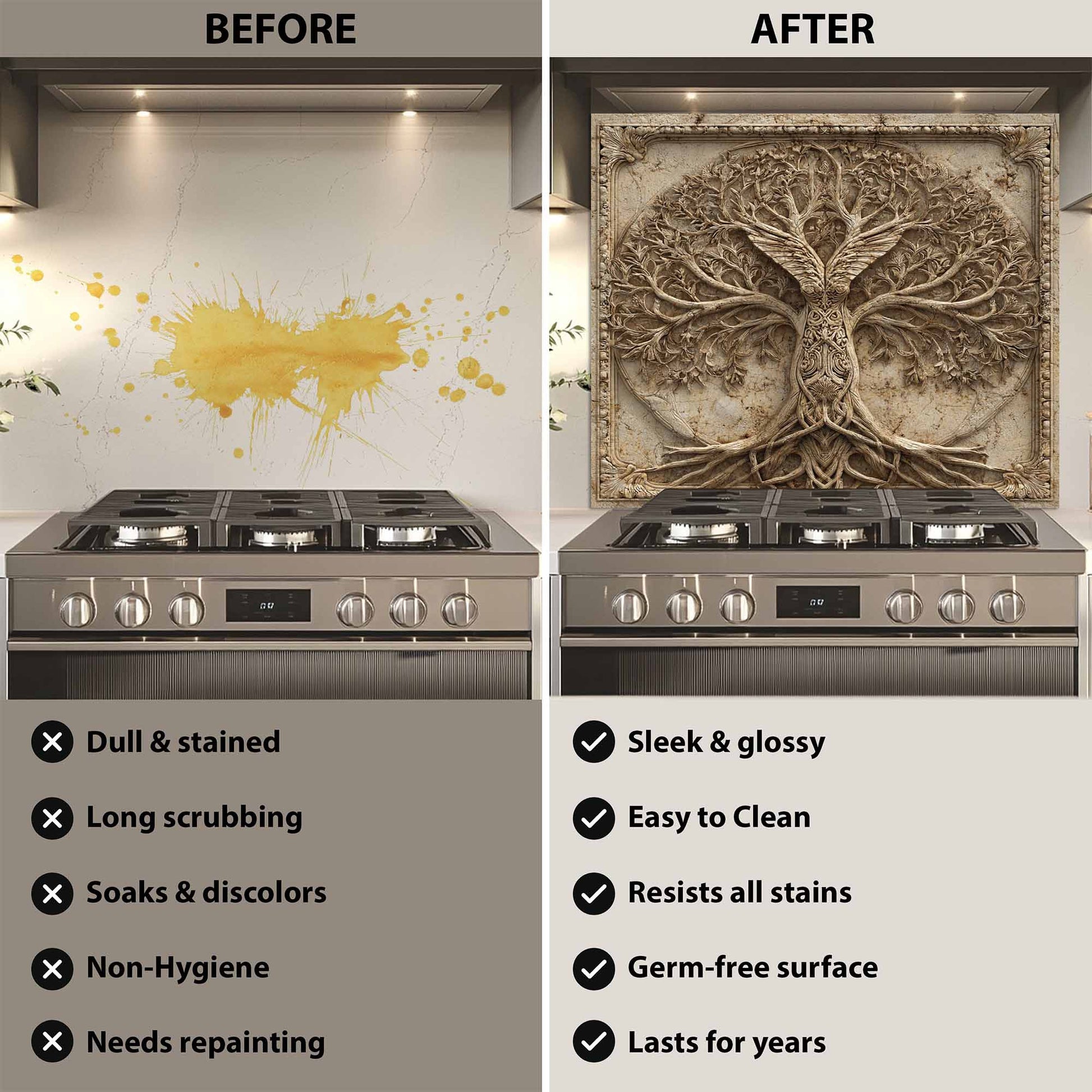 Before and after comparison of a kitchen stove with a decorative backsplash.